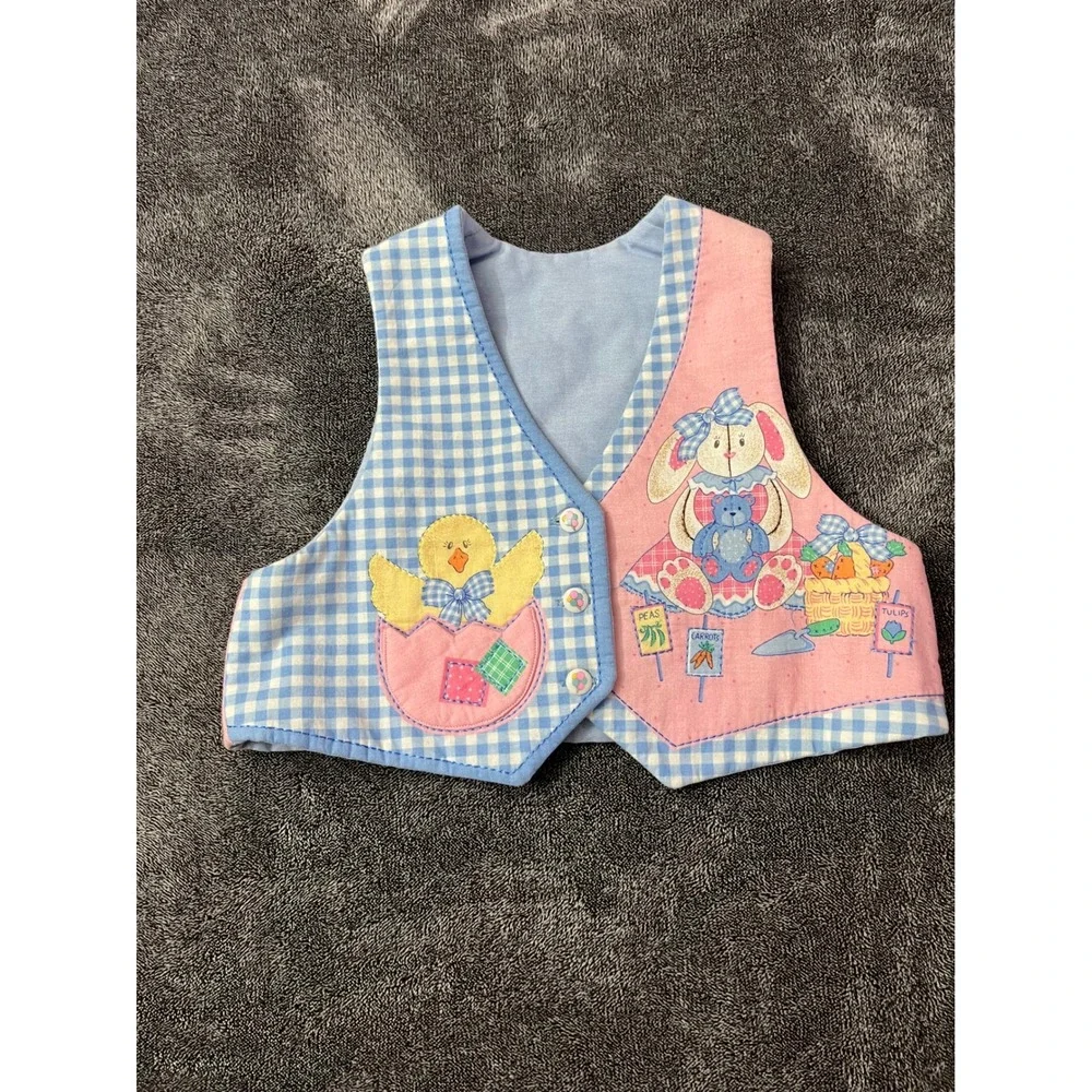 Vintage Handmade Easter Bunny Chick Patchwork Vest Blue Gingham Pink Kids Spring